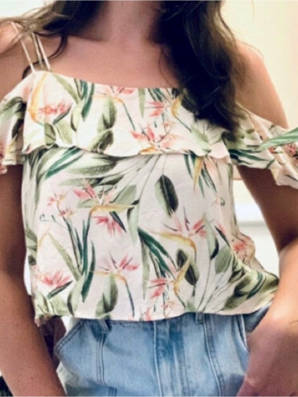 Zara White Tropical Off-Shoulder Floral Crop TopRuffle Size M
